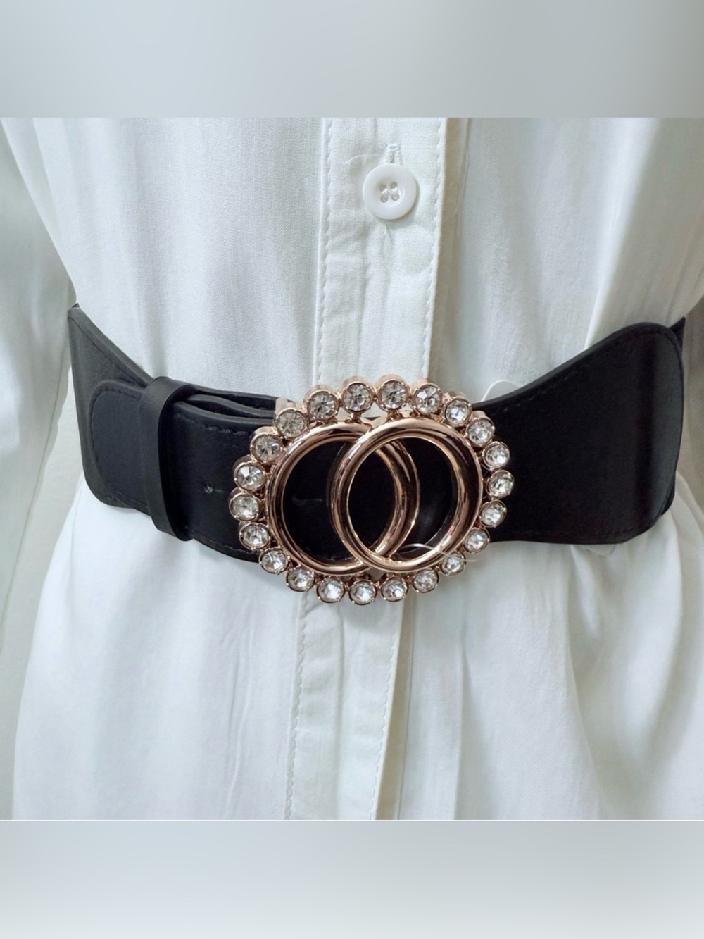 Black PU leather elastic waistband belt with gold tone buckle